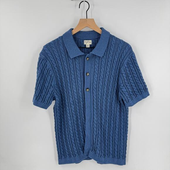 J. Crew Cable Knit Polo Shirt Women’s Size M Blue Short Sleeve Button Sweater - Picture 1 of 7